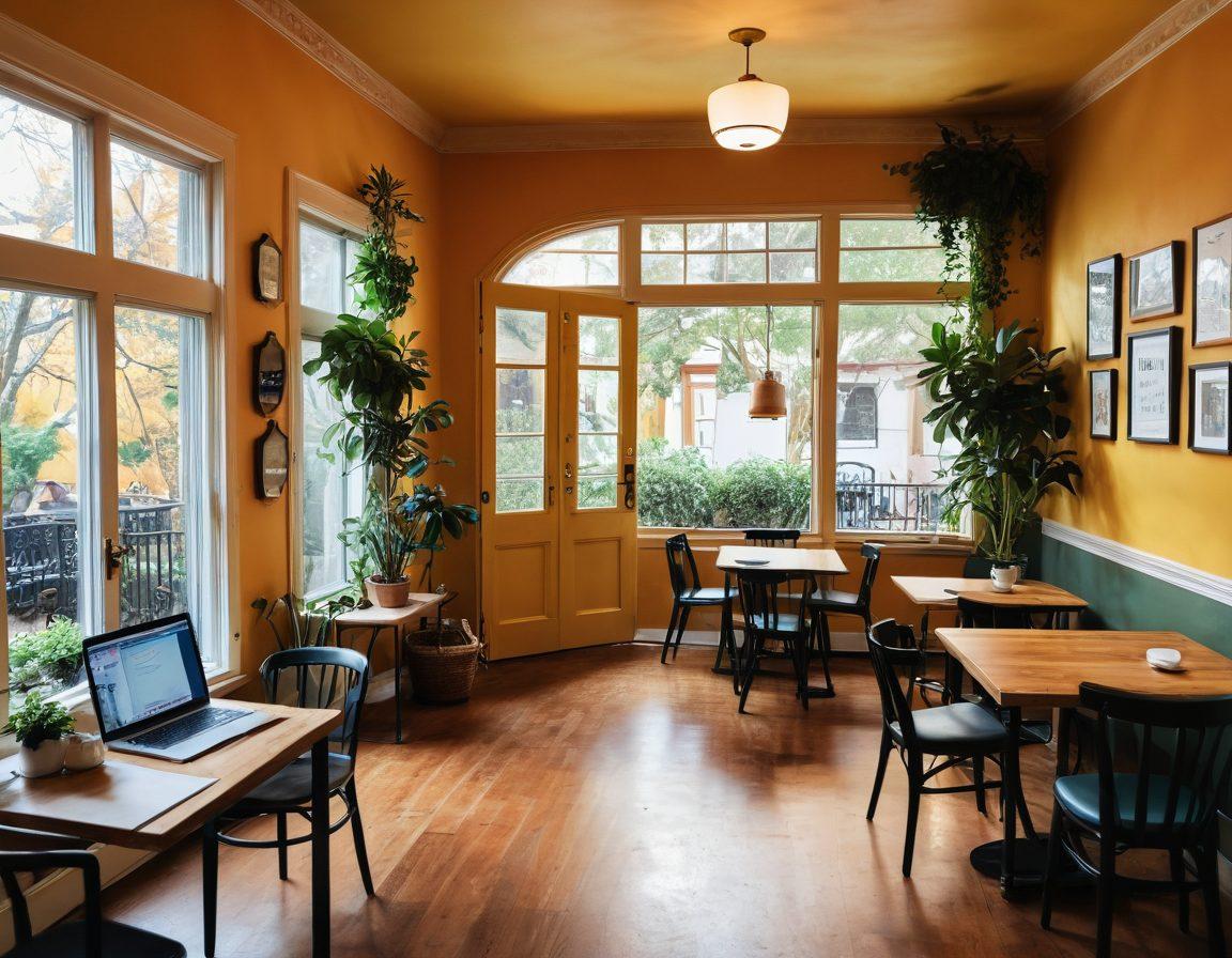 A series of open doors symbolizing opportunities leading to a vibrant blogging community, with diverse bloggers collaborating and sharing ideas. The scene features laptops, notepads, and coffee cups, set in a cozy café atmosphere filled with inspiring quotes on the walls. Elements of light and growth like plants and rays of sunshine to evoke a sense of thriving success. super-realistic. vibrant colors. warm ambiance.