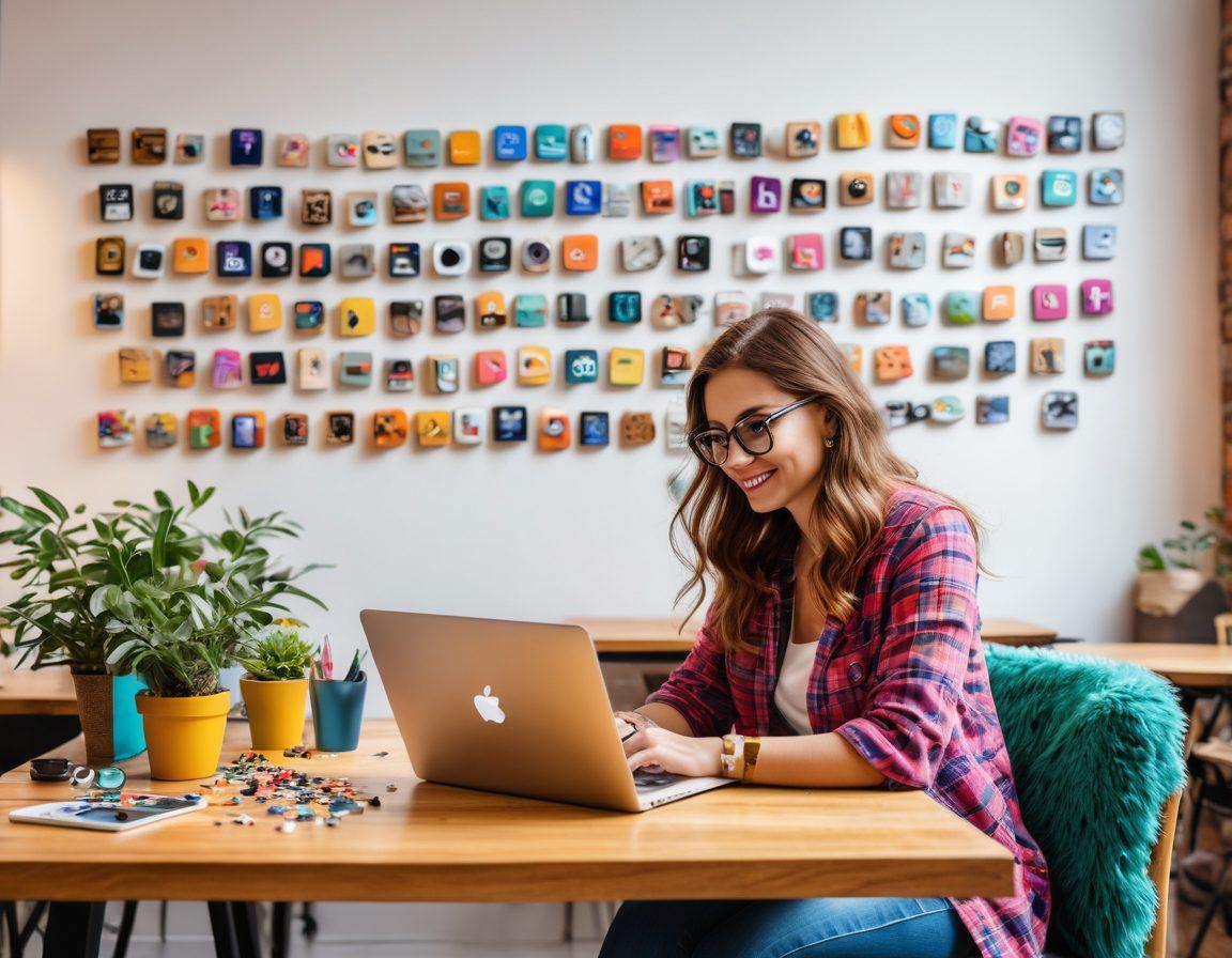 A person crafting a personal brand in a vibrant blogging community, surrounded by laptops and colorful pins representing social media icons. Include diverse bloggers engaging in discussions, creating content, and sharing ideas in a cozy coffee shop setting with inspirational quotes on the walls. Bright colors and a lively atmosphere to convey creativity and connection. super-realistic. vibrant colors. inviting ambiance.