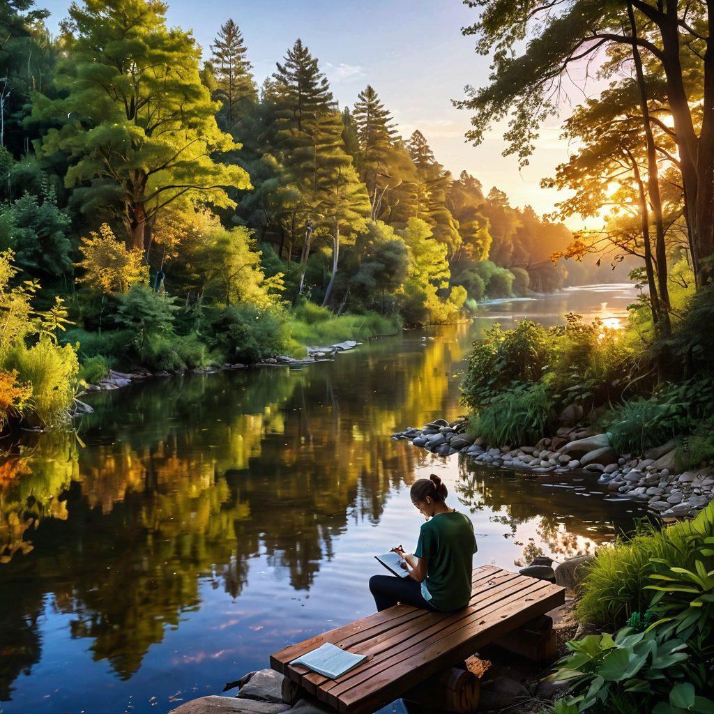 A serene landscape with a person sitting at a wooden desk, surrounded by nature, intently writing in a digital journal. Lush trees and a sparkling river in the background symbolize creativity and tranquility, with colorful notes and tips floating around the scene. A warm sunset casts a golden glow, enhancing the peaceful atmosphere. super-realistic. vibrant colors. nature-inspired.